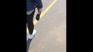 Step mom in black leggings fucked in the car park behind the cars by step son 