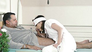 Teen nurses fuck old grandpa in a fake hospital bed and give sloppy blowjob