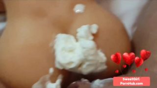 Lesbian Tribbing - Teen squirts whipped cream on pussy & humps hard [One Million views celebration]