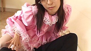 Naughty Japanese bitch in glasses gives a hot blowjob in POV and tastes cum