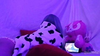 Redhead teen masturbating watching lesbian Hentai with vibrator when parents are at home orgams