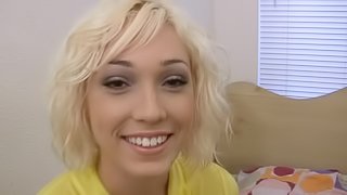 Hot skinny blonde teen riding a sex machine in bed while masturbating