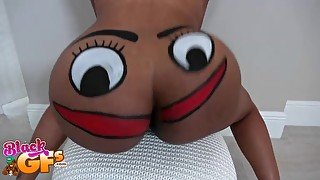 Curvy ebony babe Jayla Foxx swallows cum after a doggy style fuck