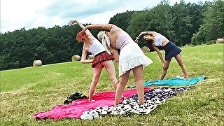 Yoga and Gymnastics Outdoors without Panties in School Uniform Miniskirt with Hot Tight Pussy Girls