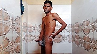 Rajesh showering in the bathroom and masturbating dick and cumming