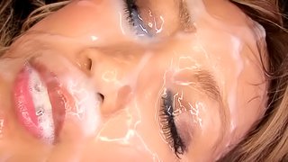 Adorable Asian babe with natural tits gets a creampie facial in a spicy bukkake shoot