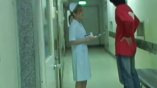 Sharked girl in nurse uniform fell on the floor