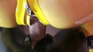 Hard Fuck And Encased In Yellow Latex Catsuit + Mask + Gloves And Mouth Gag