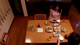 Asian babe in miniskirt getting her cunt fondled in the kitchen