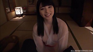 Dark haired Japanese MILF Ai Uehara plays with cum in her mouth