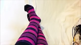 Sexy Teen Sock Tease in Pink and Black Knee High Socks - Cute Feet