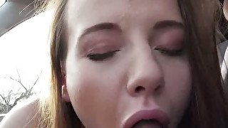 Dark haired sweet bitch sucks hard dick of her guy in his car and then rides it ardently
