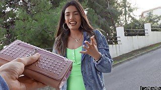 POV outdoors video of sexy Latina Penelope Cross rewarding a stranger