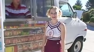 Captivating pigtails blonde with hot ass in uniform moaning while riding huge dick hardcore