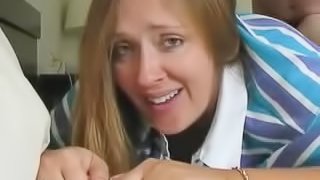 Brown-haired milf gets banged doggy style and moans loudly