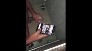 Black guy jerking off in the shower huge cock