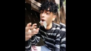 Boy plays with used condom and cum for request from straight friend