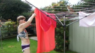 Hanging Washing Outside In Sexy Outfit! Purple Knickers, Nice Top Sexy Legs