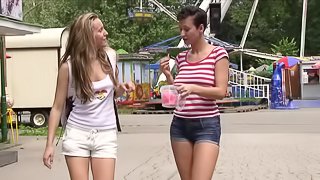Sexy teen honeys having lesbian sex outdoors by a lake