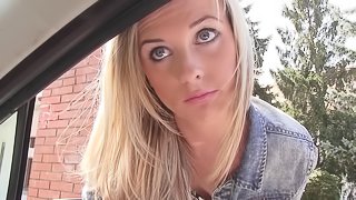 Blue eyed beauty on the hood of his car taking dick