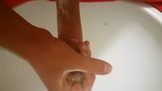 Masturbating my wet dick in bathroom and cumshot