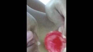 Milking on my lollipop to lubricate it to fuck my wet pussy hard close up
