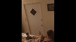 Beautiful white girl smokes in black night gown  with a roommate part 3