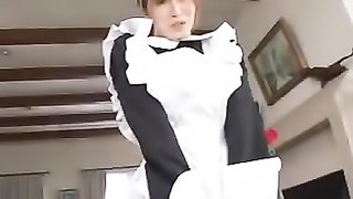 Cute Japanese maid serves her handsome boss wearing her black and white uniform before she lifts up her skirt and lets him rub her pussy before she takes off her white panty and expose her juicy pussy.
