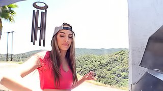 Tight booty tease Kimmy Granger sits on his dick outdoors