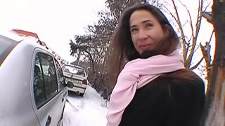 She warms up the snowy dad by delivering a wicked handjob