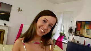Frisky colorful teen babe gets ass fucked roughly by a big dick man