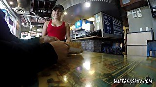 Cute blonde waitress Skylar Valentine gets picked up and fucked by stud