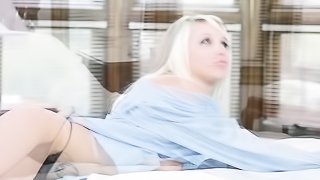 Blonde teen slut in blue shirt gives a deep throat before pussy drilling